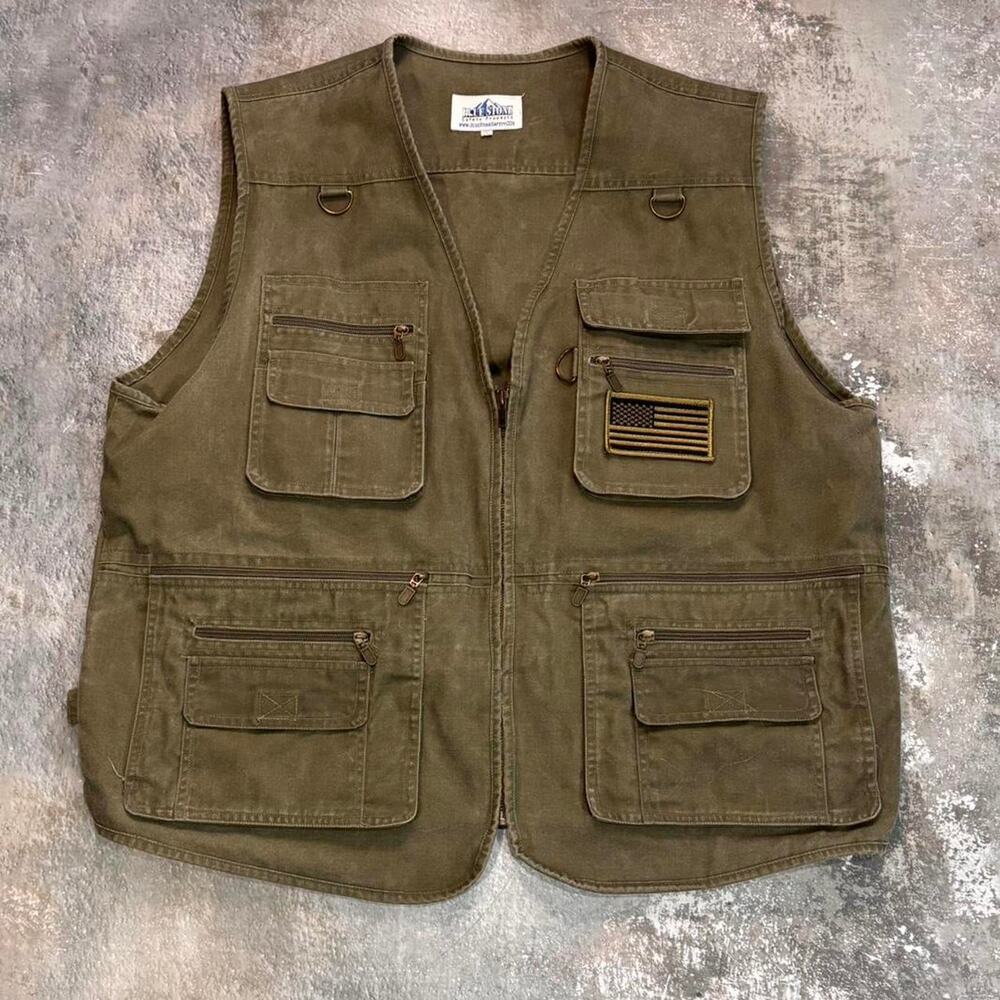 Vintage Khaki Green Utility Vest. Military Blue Stone Safety XXL.